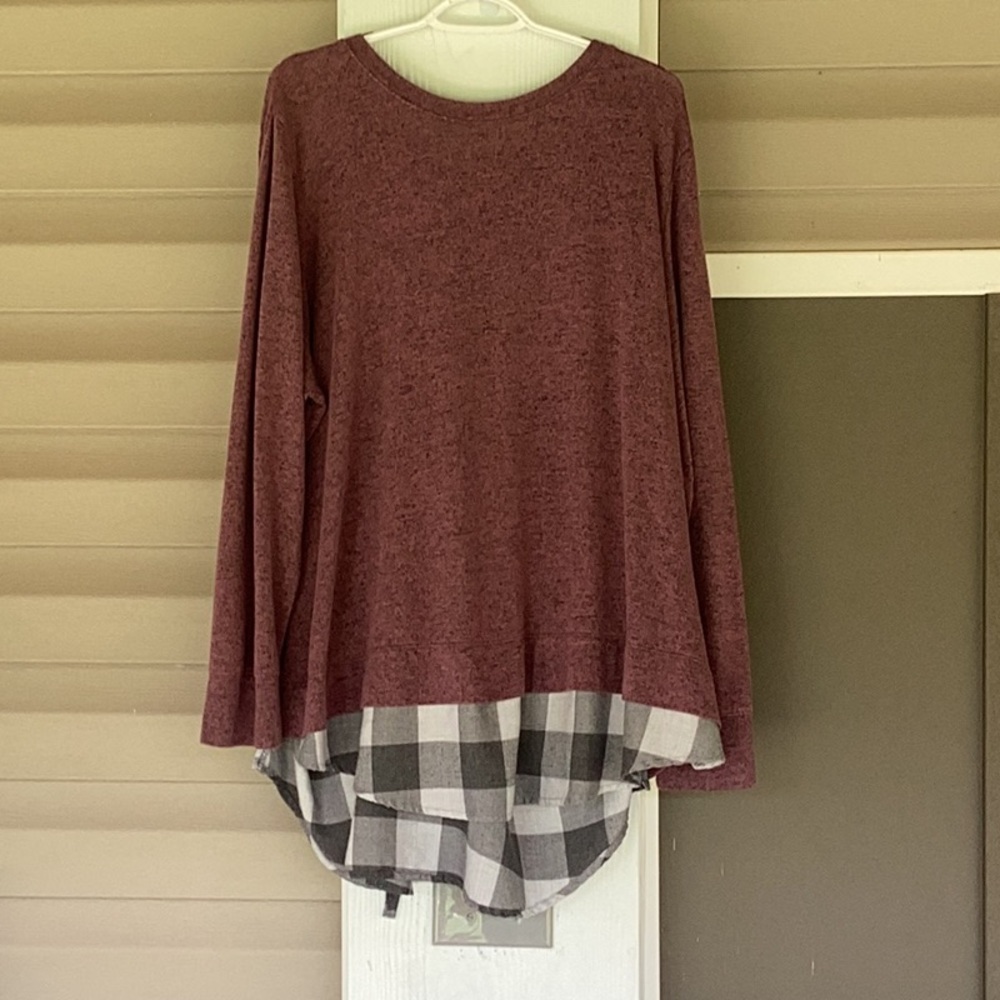 Burgundy Lace-Up Top with Plaid Detail
